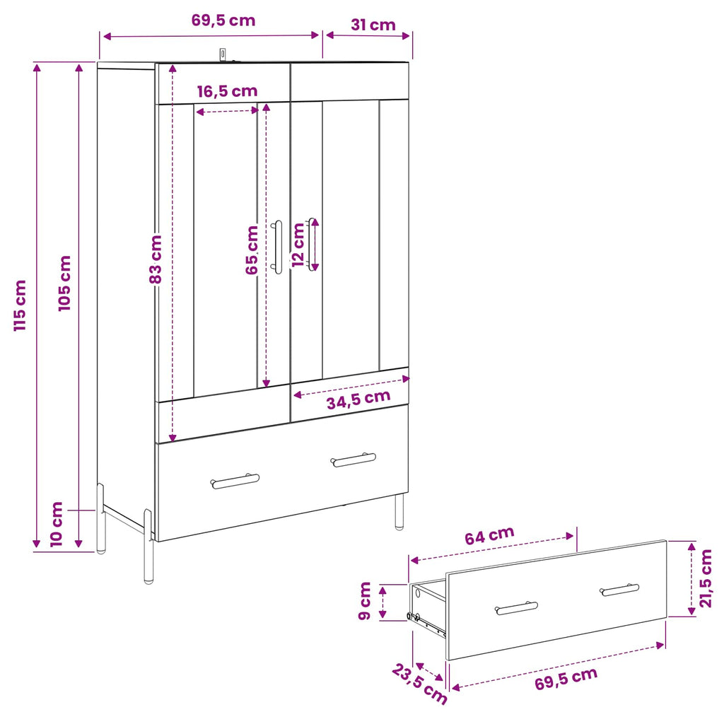 vidaXL Highboard z szufladą Corona Czarny Dąb 69,5 x 31 x 115 cm