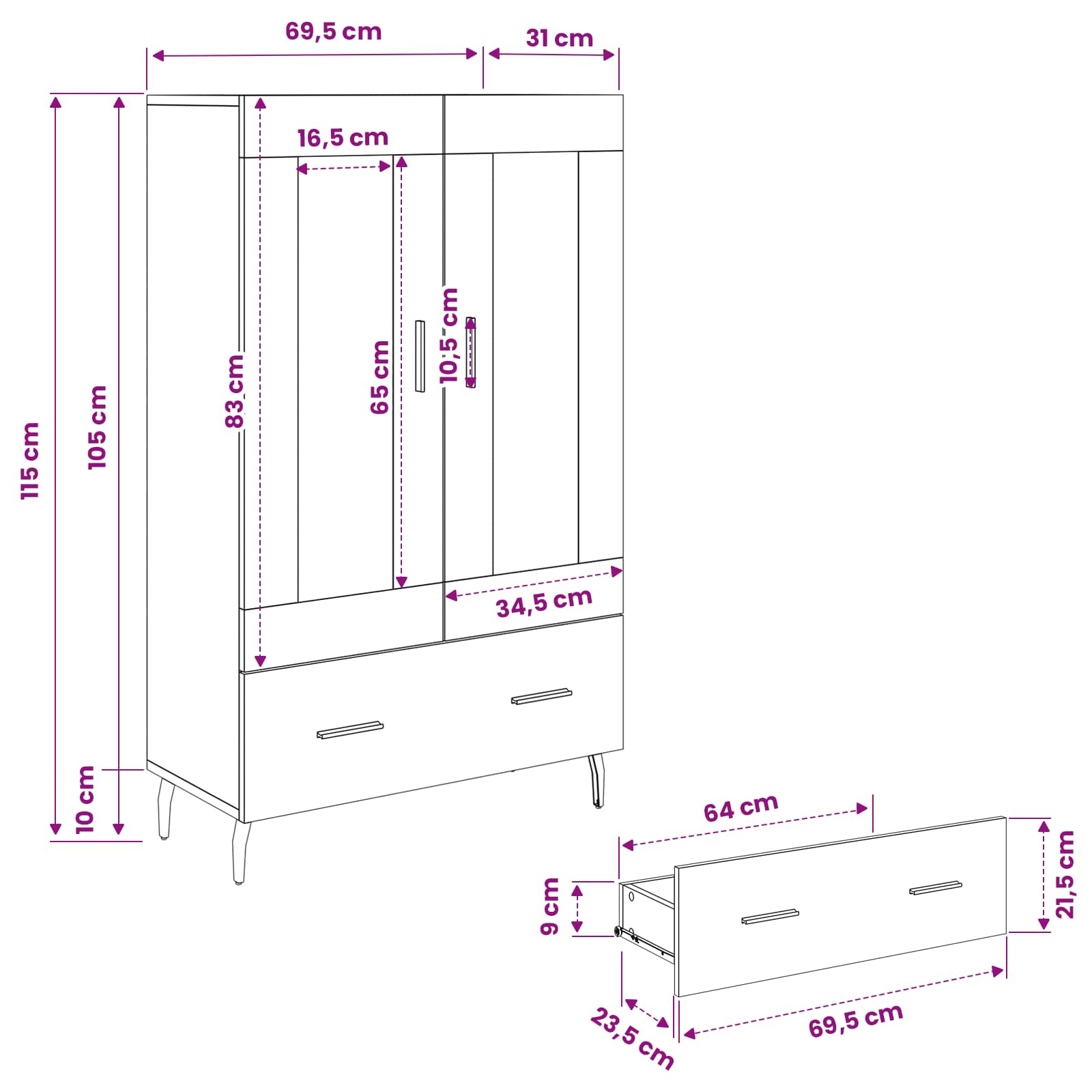 vidaXL Highboard Czarny Dąb 69,5 x 31 x 115 cm Materiał drewnopochodny
