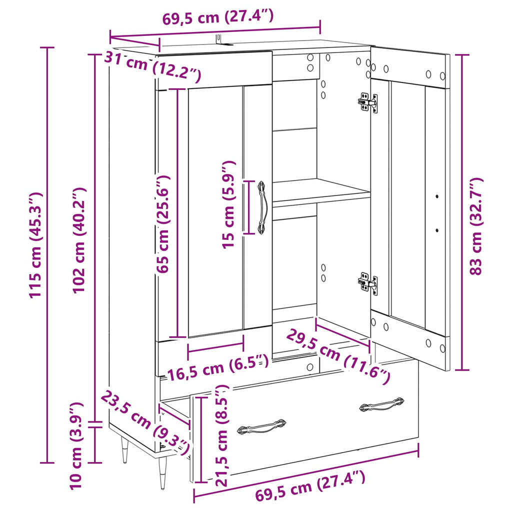 vidaXL Highboard z szufladą Stare drewno 69,5 x 31 x 115 cm