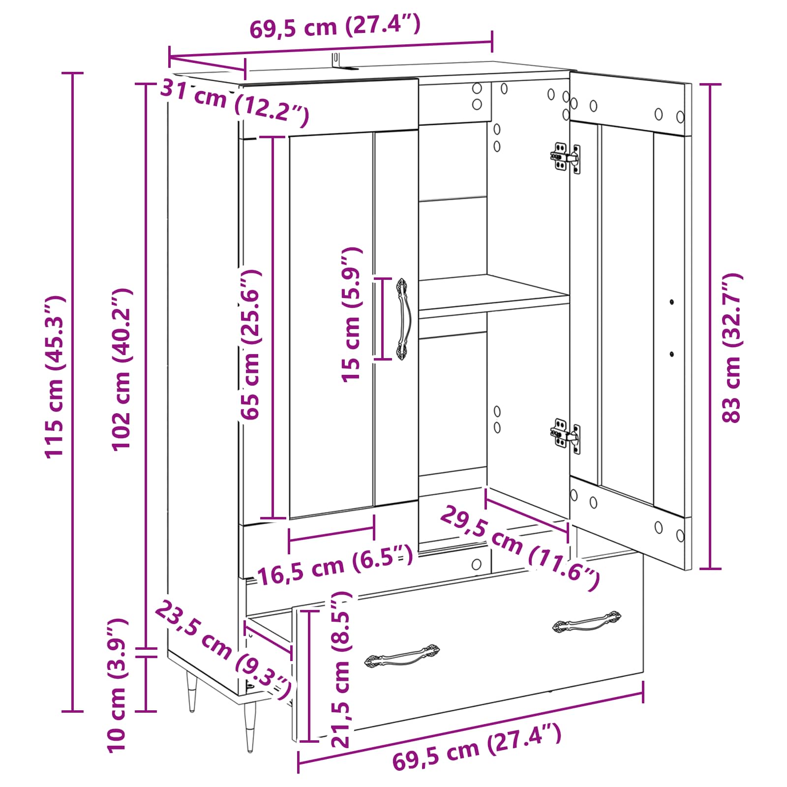 vidaXL Highboard z szufladą Stare drewno 69,5 x 31 x 115 cm