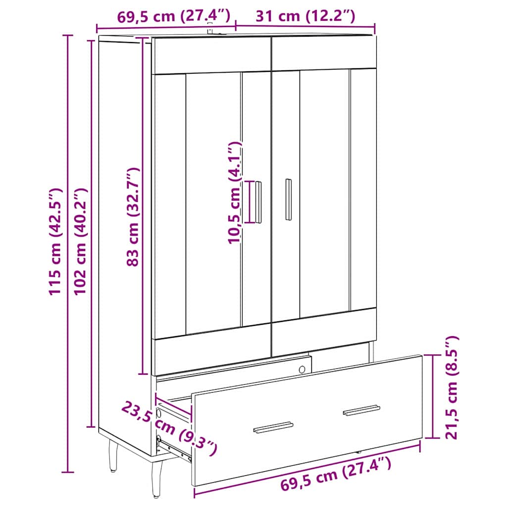 vidaXL Highboard Czarny Dąb 69,5 x 31 x 115 cm Materiał drewnopochodny