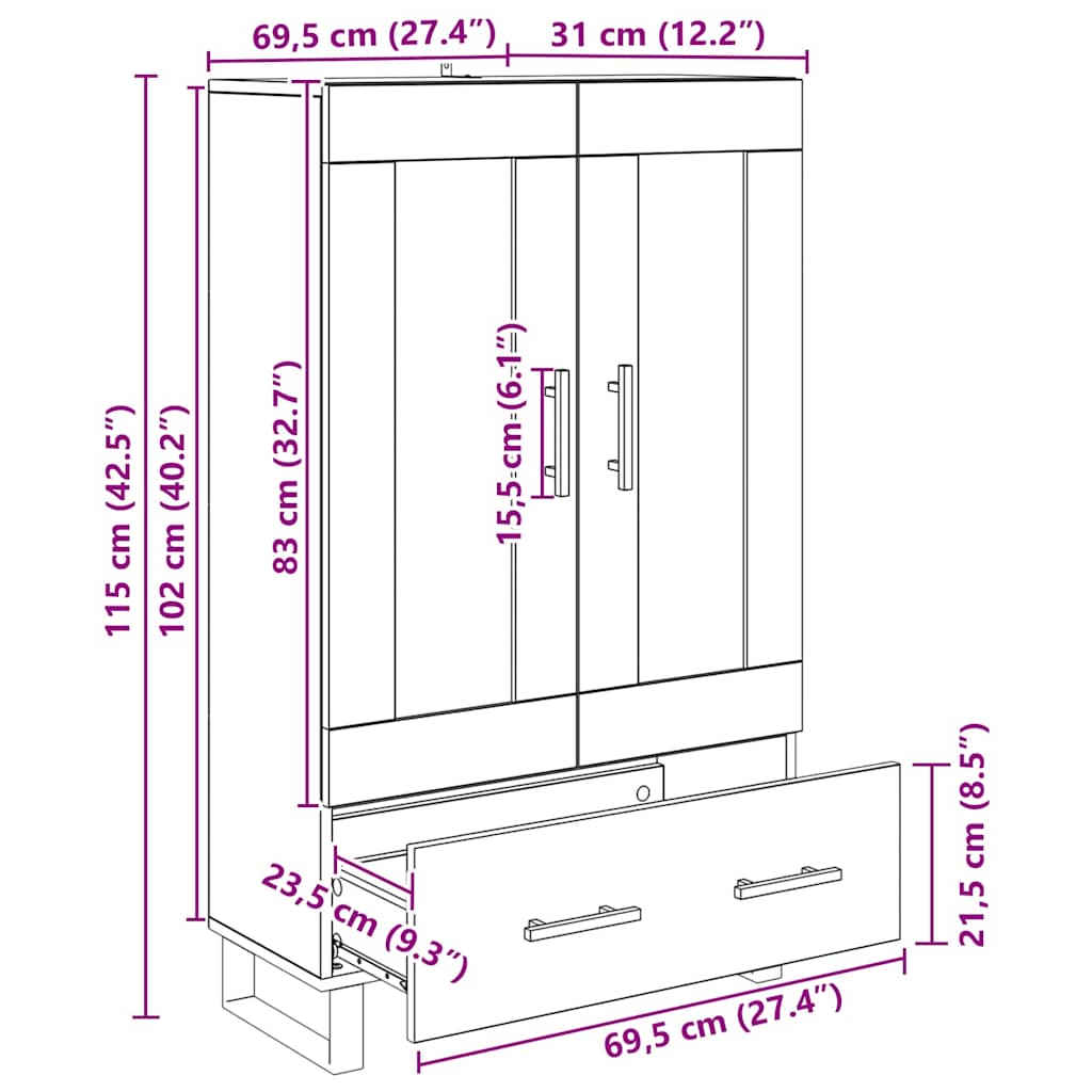 vidaXL Highboard Czarny Dąb 69,5 x 31 x 115 cm Materiał drewnopochodny
