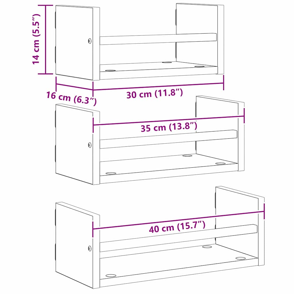 vidaXL Zestaw półek ściennych z półką 3 pcs Czarny Dąb 40x16x14cm