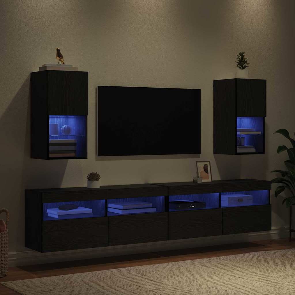 vidaXL Szafki na telewizor montowane na ścianie z LED 2 pcs Czarny Dąb