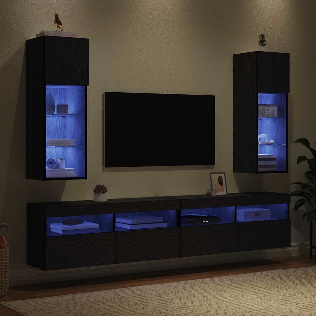 vidaXL Szafki na telewizor montowane na ścianie z LED 2 pcs Czarny Dąb