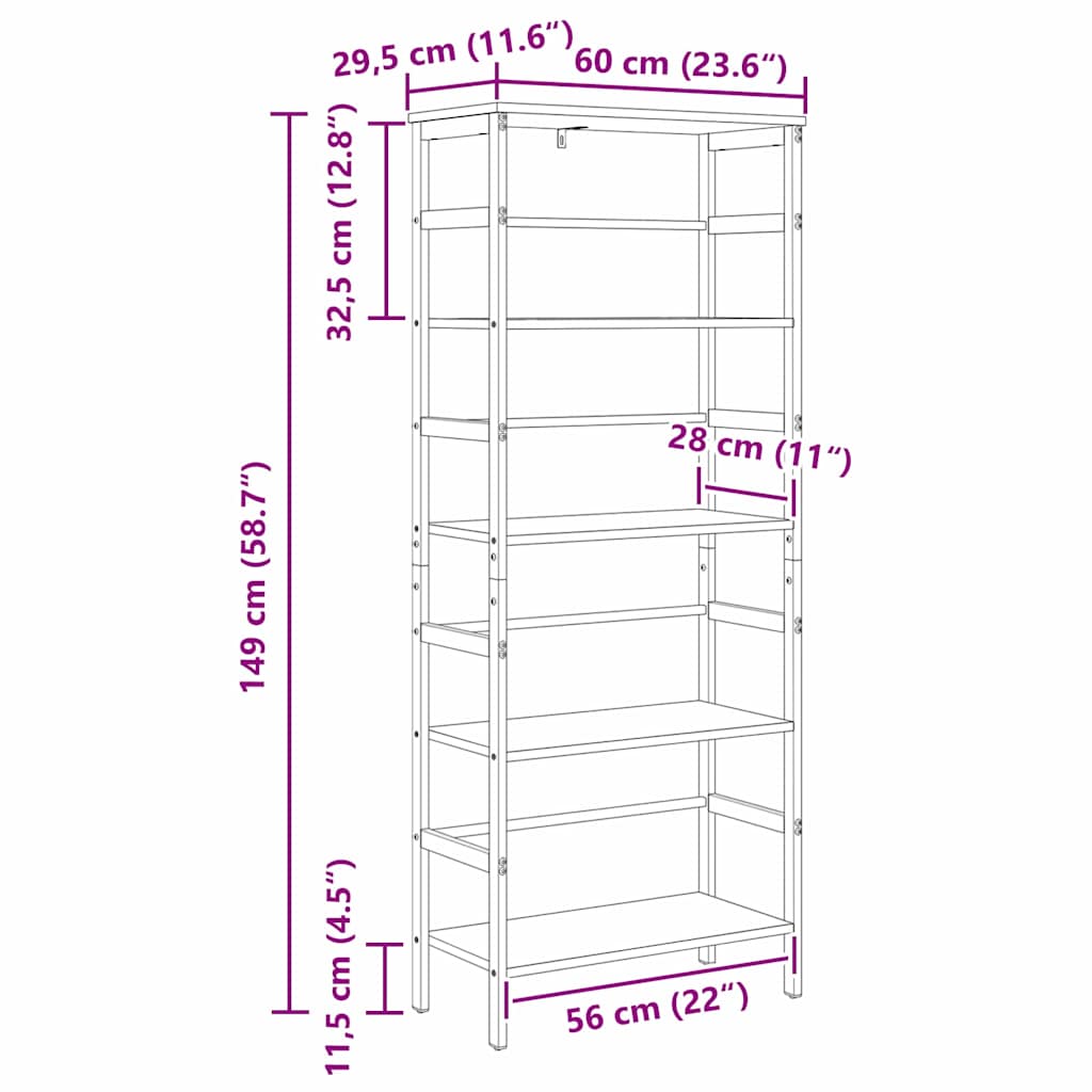 vidaXL Półka na książki Dąb Sonoma 60 x 29,5 x 149 cm