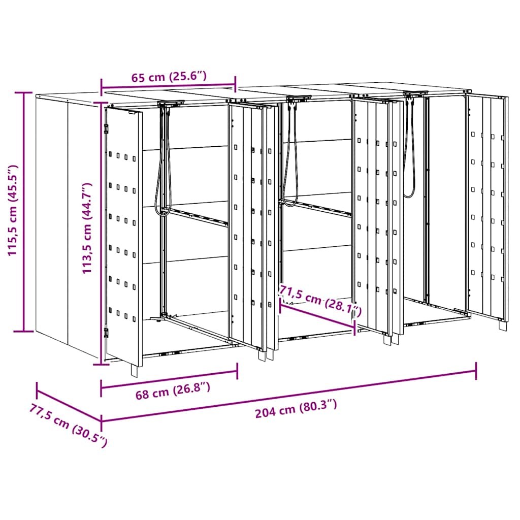 vidaXL Przechowalnia na 3 kosze na odpady 340 x 77.5 x 115.5 cm