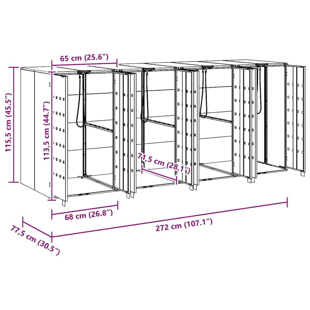 vidaXL Przechowalnia na 3 kosze na odpady 340 x 77.5 x 115.5 cm