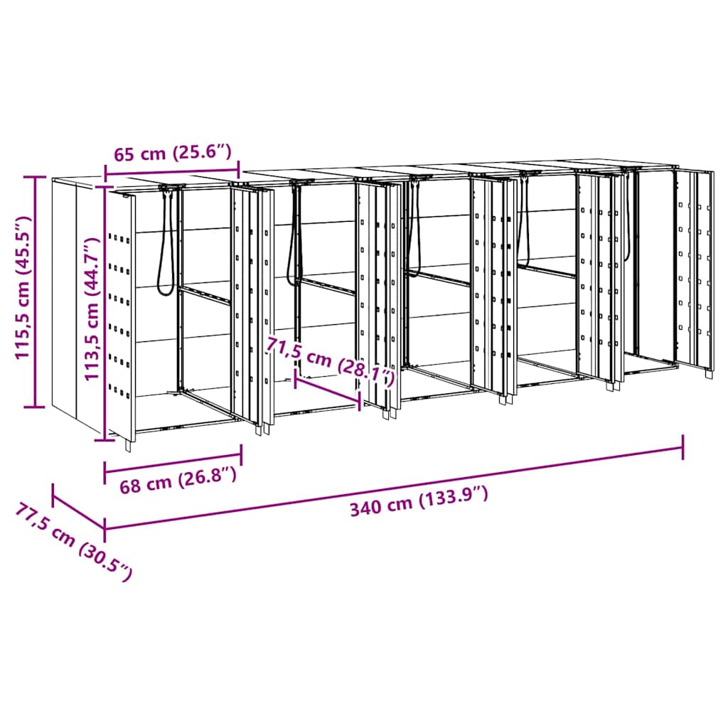 vidaXL Przechowalnia na 3 kosze na odpady 340 x 77.5 x 115.5 cm