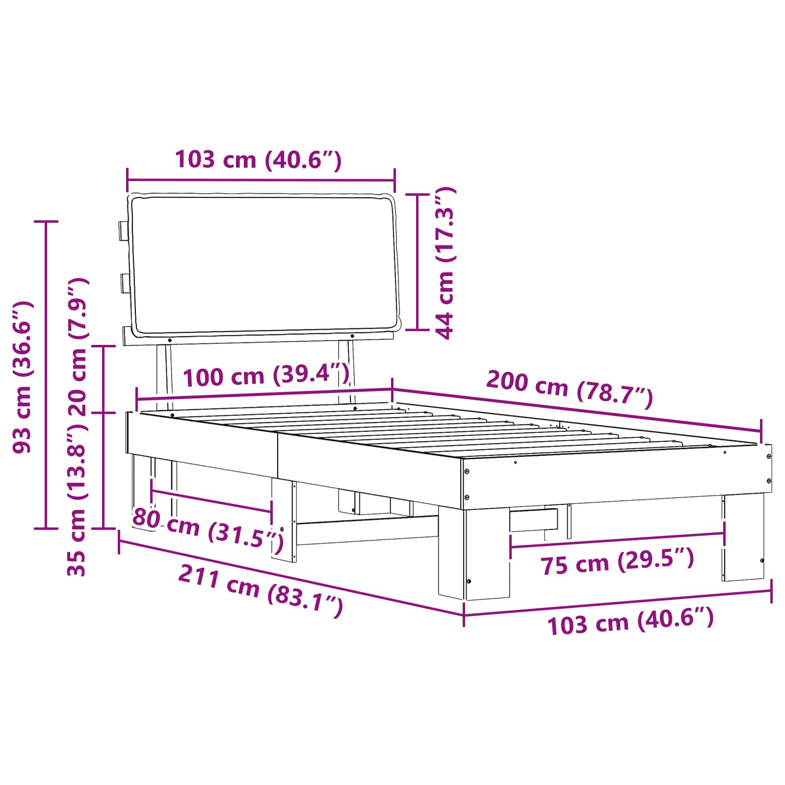 vidaXL Ramka łóżka z tapicerowanym wezgłowiem Jasnoszary 100 x 200 cm