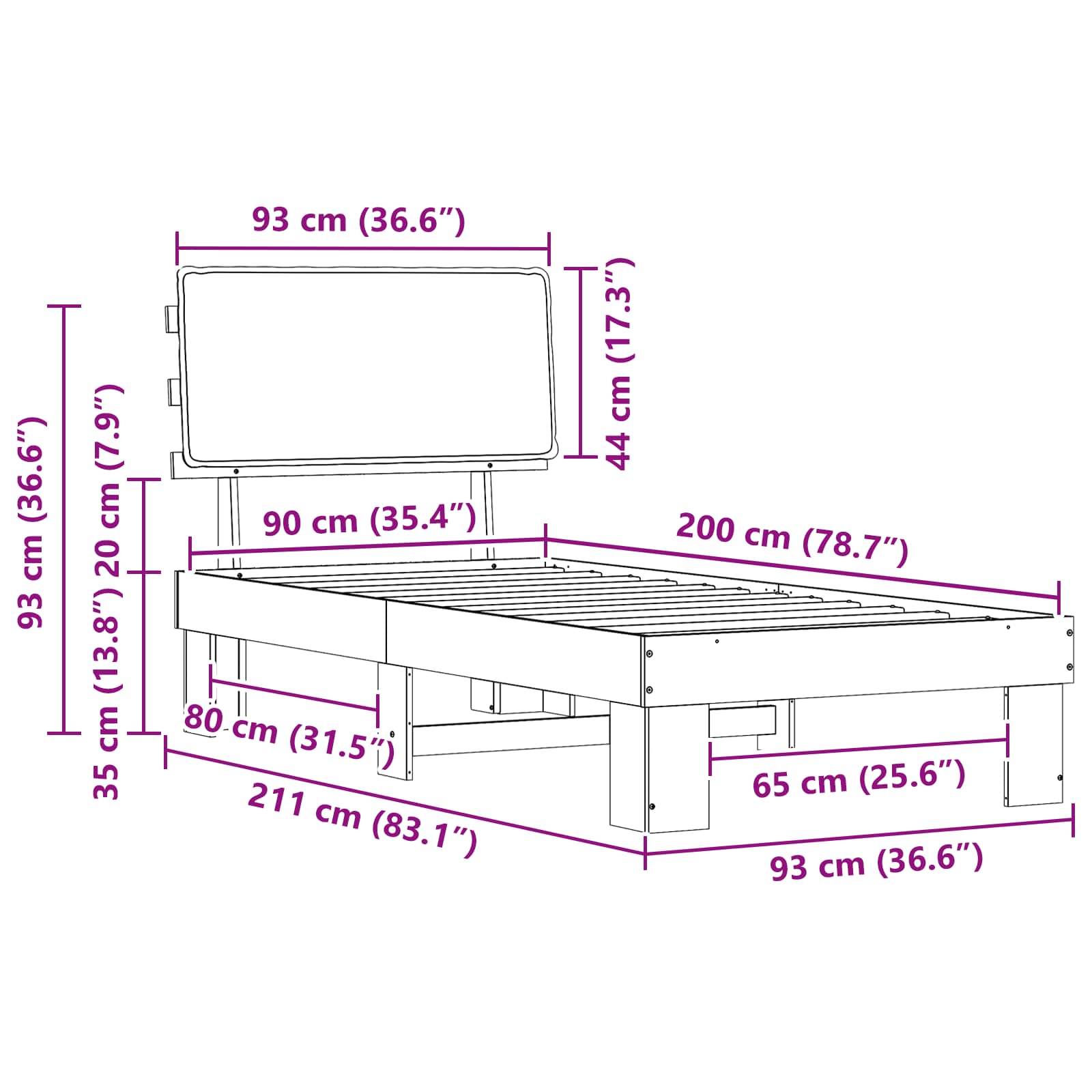 vidaXL Ramka łóżka z tapicerowanym wezgłowiem Czarny 90 x 200 cm