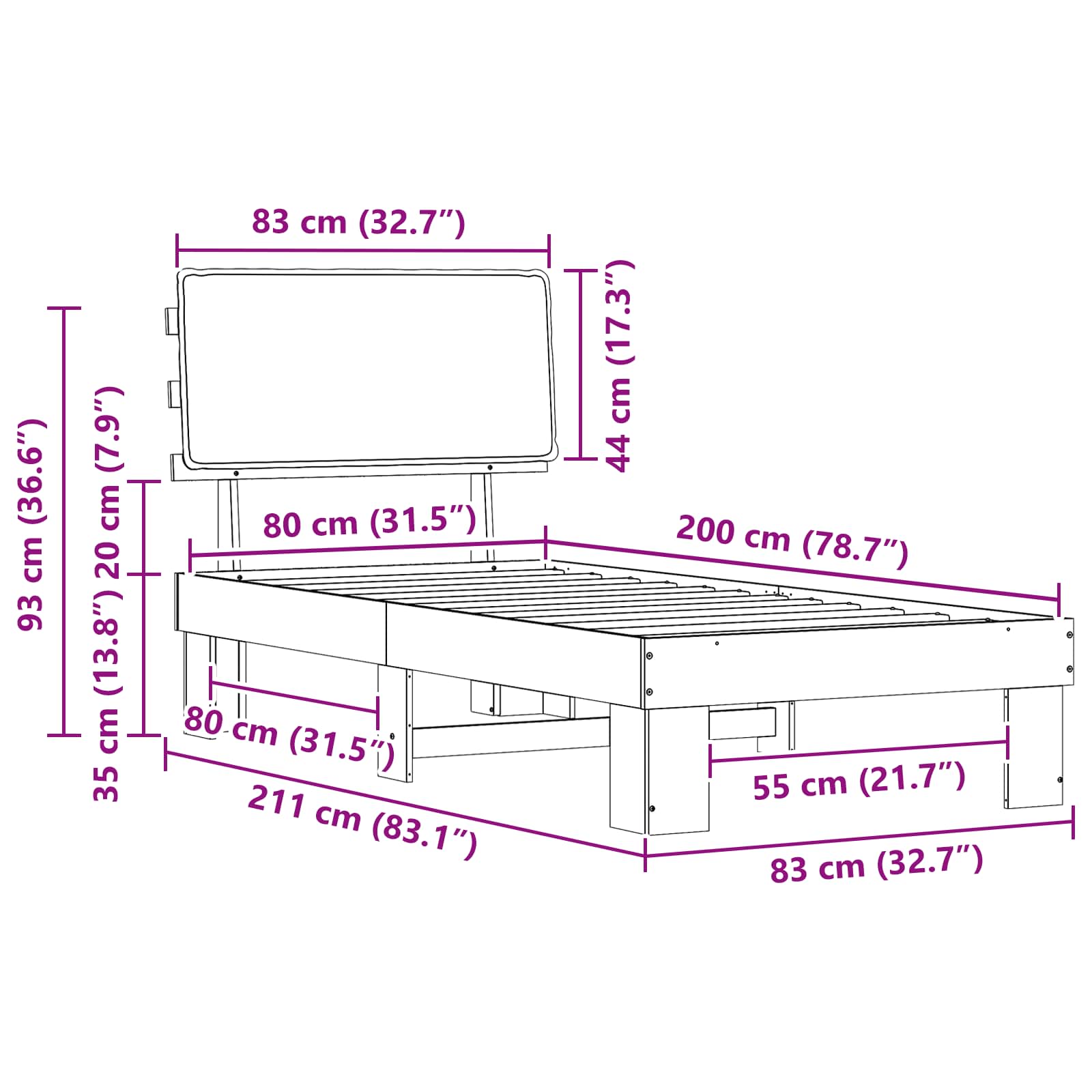 vidaXL Ramka łóżka z tapicerowanym wezgłowiem Czarny 80 x 200 cm