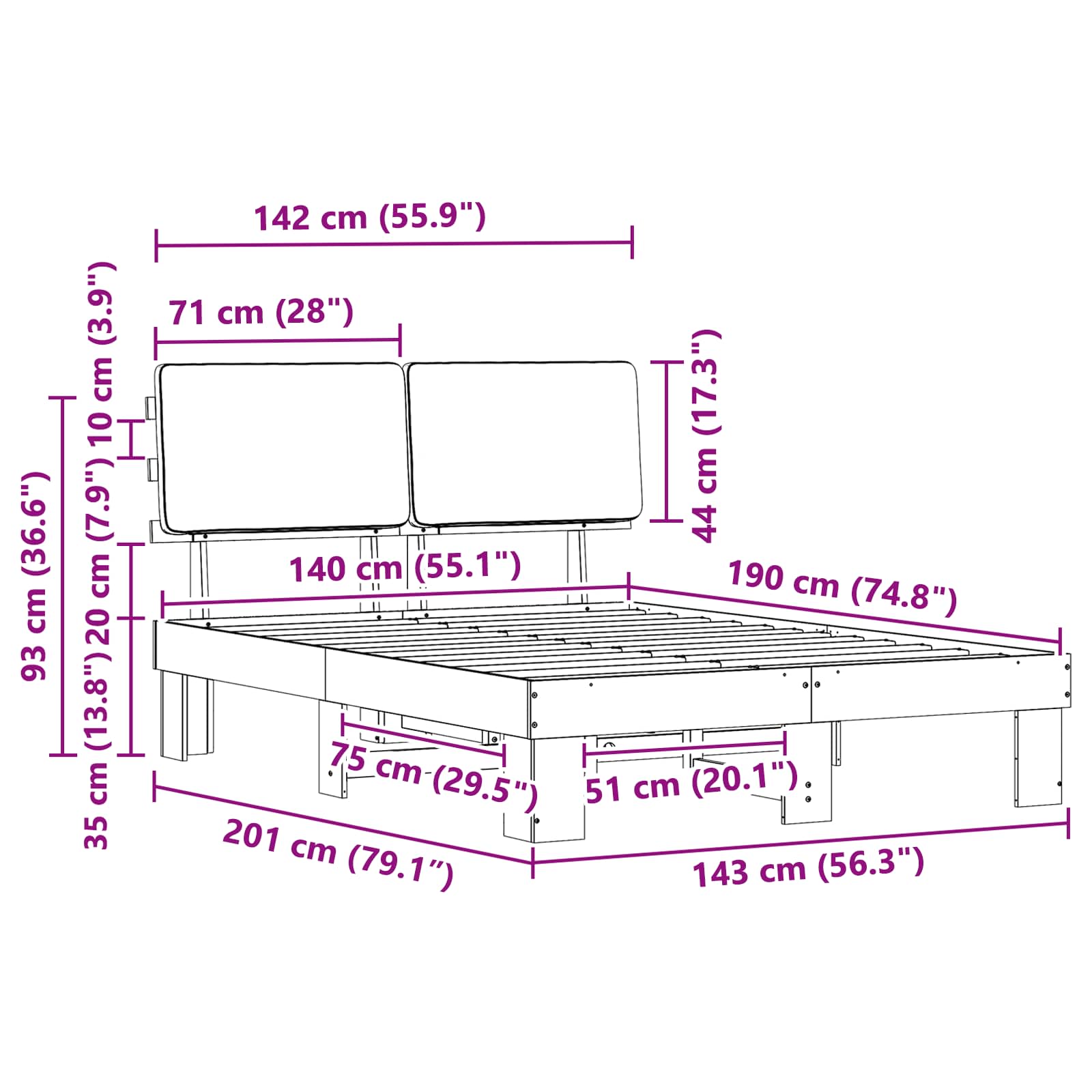 vidaXL Ramka łóżka z tapicerowanym wezgłowiem Ciemnoszary 140 x 190 cm