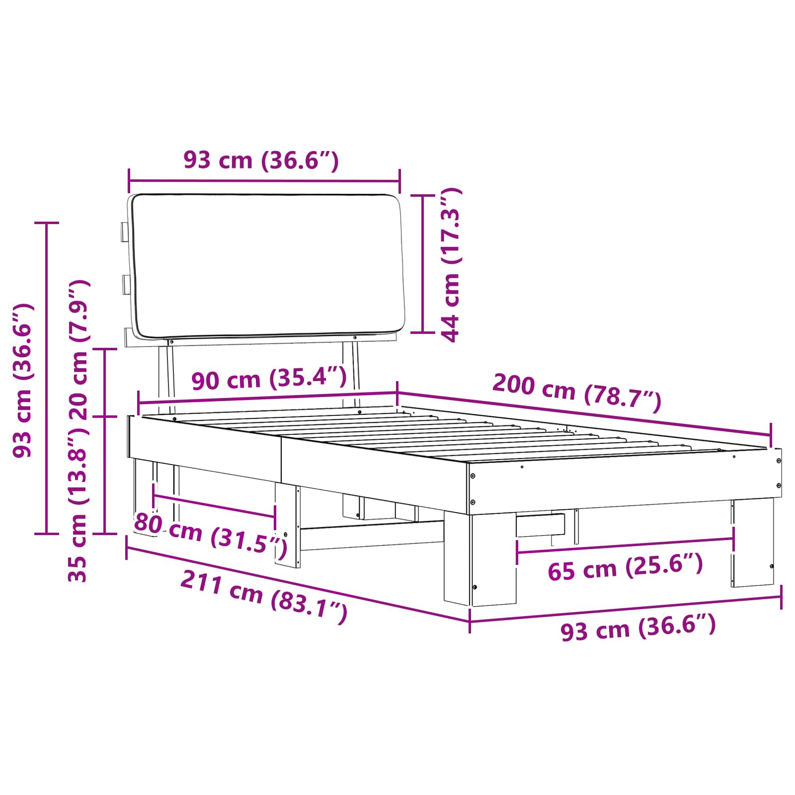 vidaXL Ramka łóżka z tapicerowanym wezgłowiem Czarny 90 x 200 cm