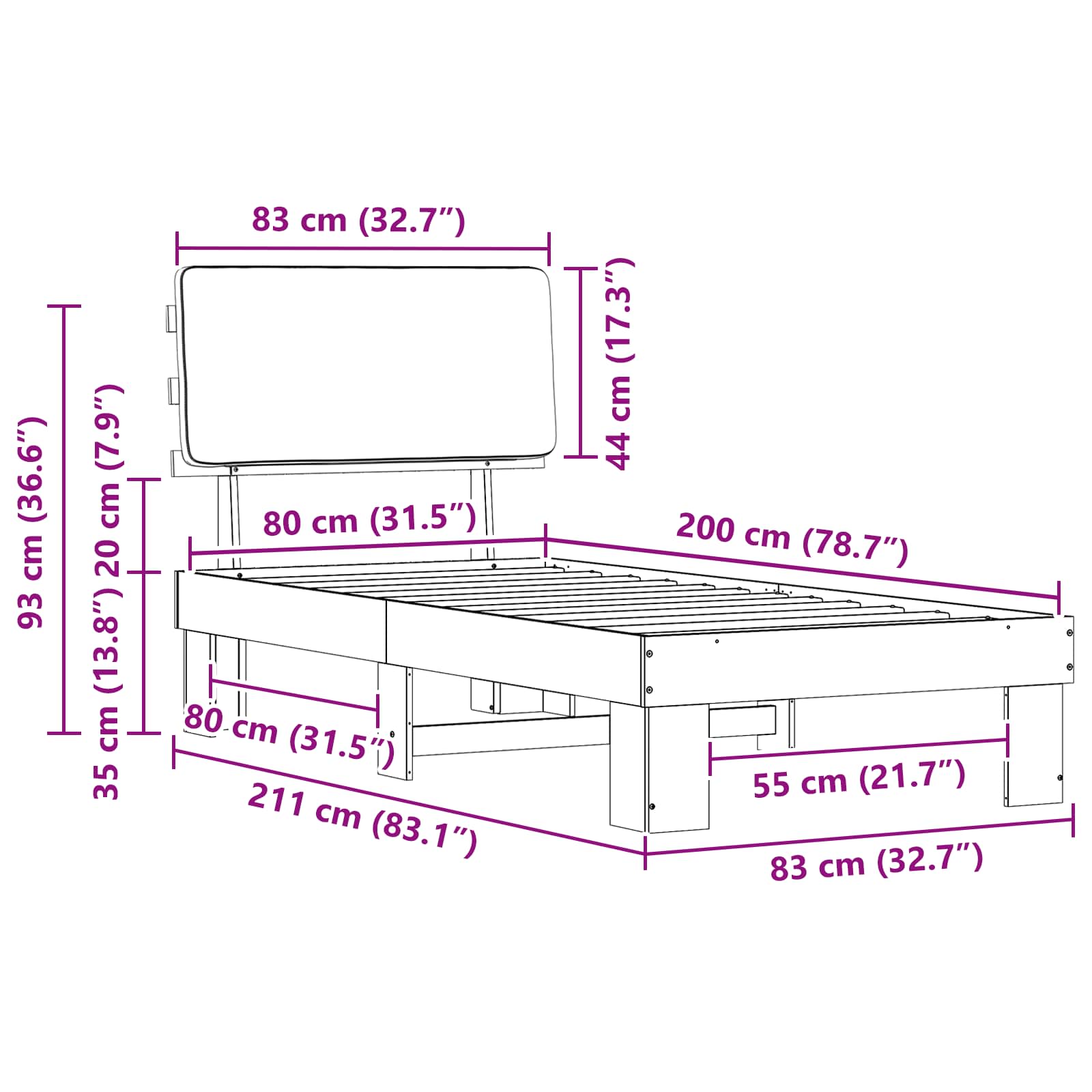 vidaXL Ramka łóżka z tapicerowanym wezgłowiem Czarny 80 x 200 cm