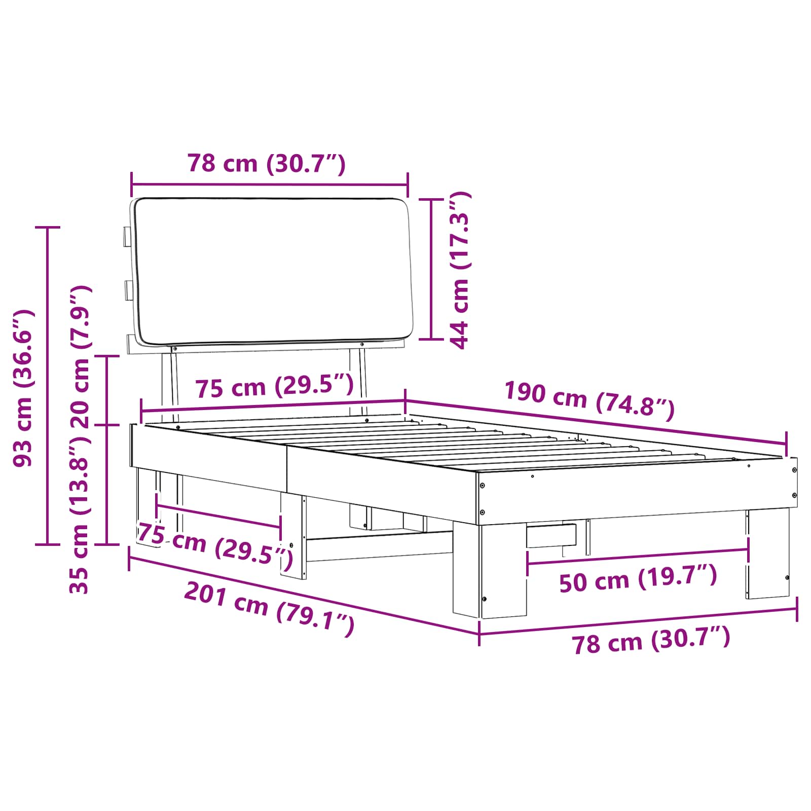 vidaXL Ramka łóżka z tapicerowanym wezgłowiem Jasnoszary 75 x 190 cm