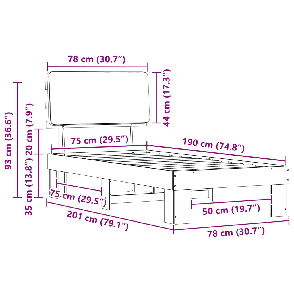 vidaXL Ramka łóżka z tapicerowanym wezgłowiem Jasnoszary 75 x 190 cm