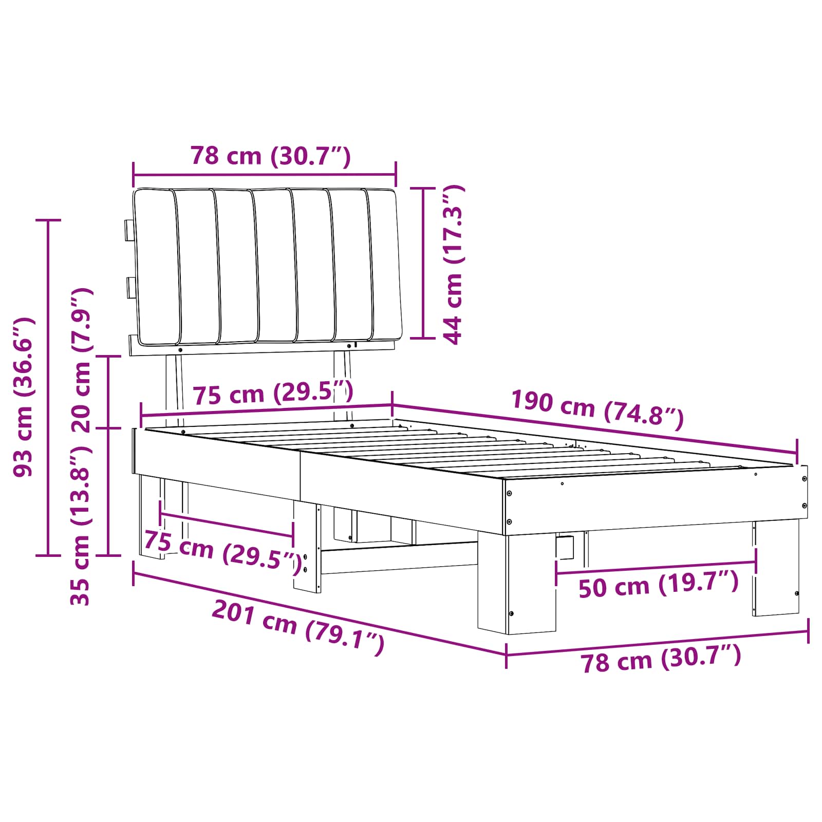 vidaXL Ramka łóżka z tapicerowanym wezgłowiem Ciemnoszary 75 x 190 cm