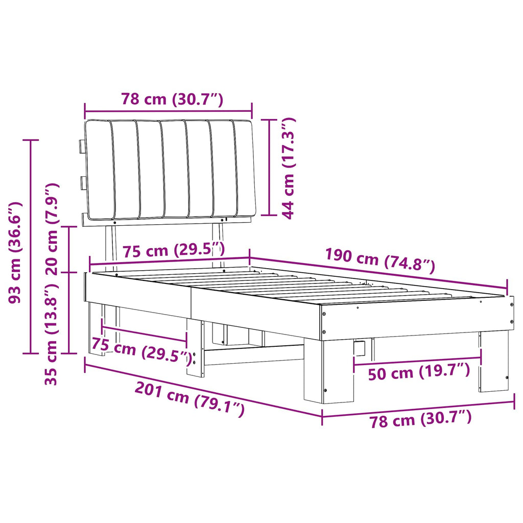 vidaXL Ramka łóżka z tapicerowanym wezgłowiem Czarny 75 x 190 cm