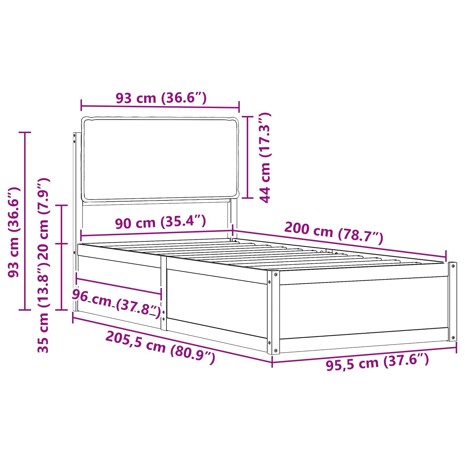 vidaXL Ramka łóżka z tapicerowanym wezgłowiem Czarny 90 x 200 cm