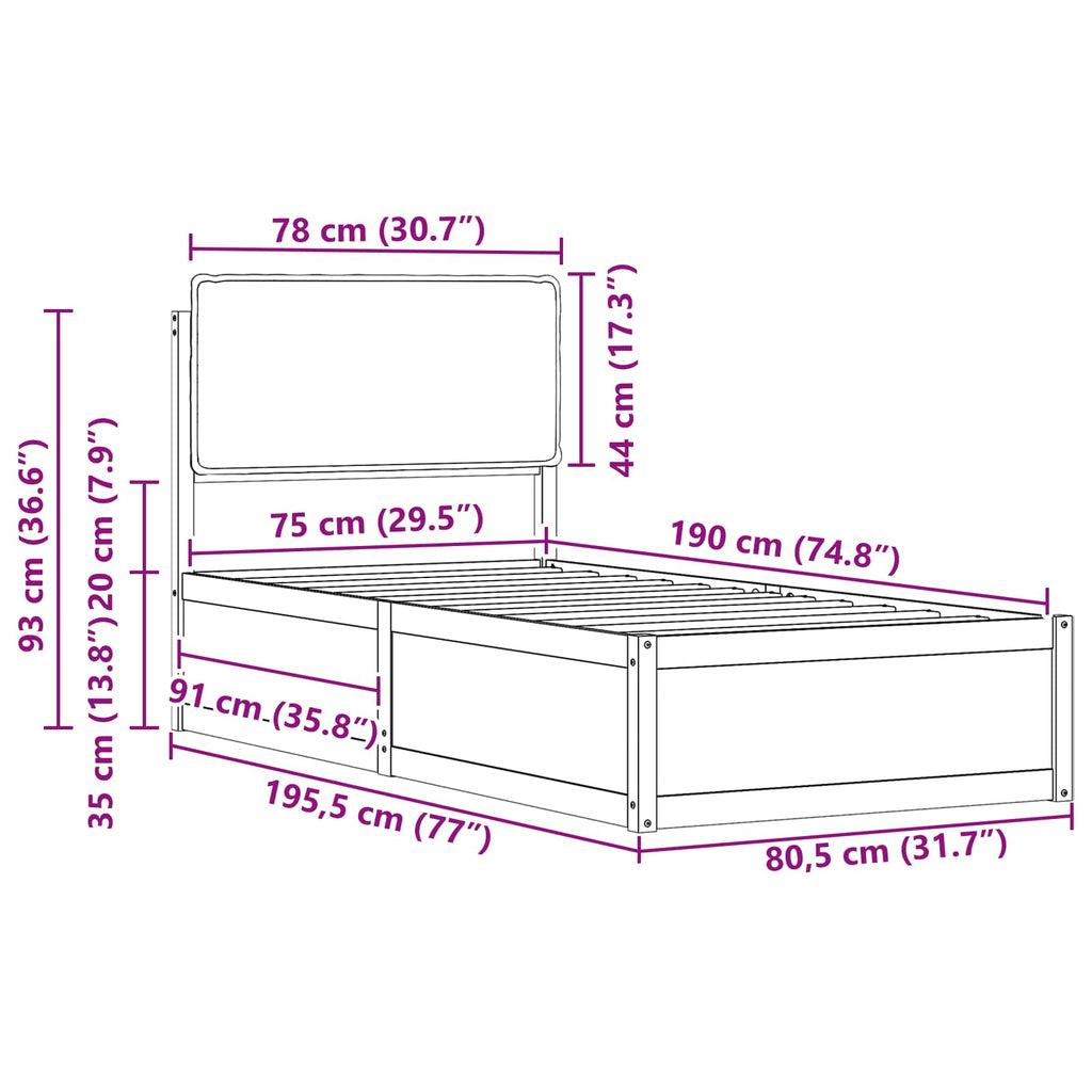 vidaXL Ramka łóżka z tapicerowanym wezgłowiem Ciemnoszary 75 x 190 cm