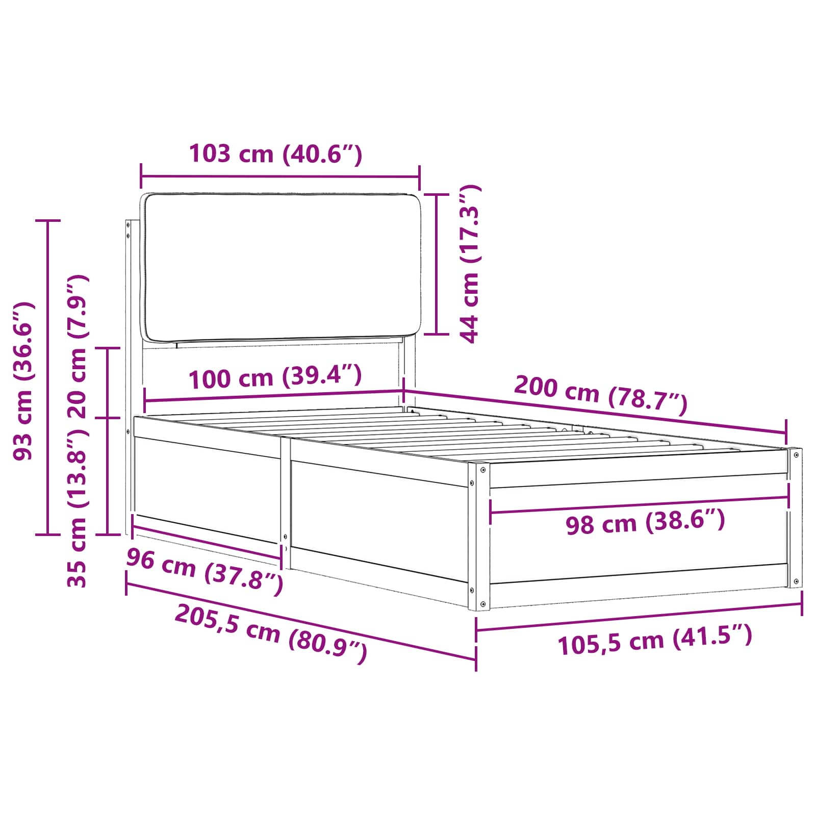 vidaXL Ramka łóżka z tapicerowanym wezgłowiem Ciemnoszary 100 x 200 cm