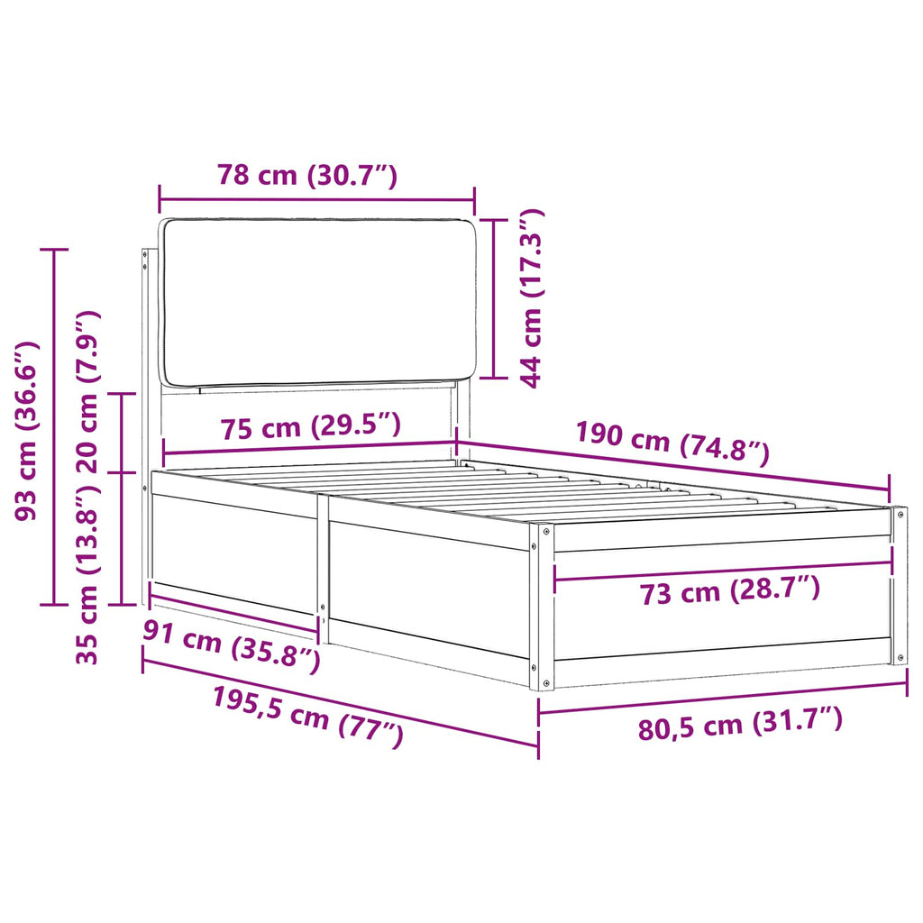 vidaXL Ramka łóżka z tapicerowanym wezgłowiem Ciemnoszary 75 x 190 cm