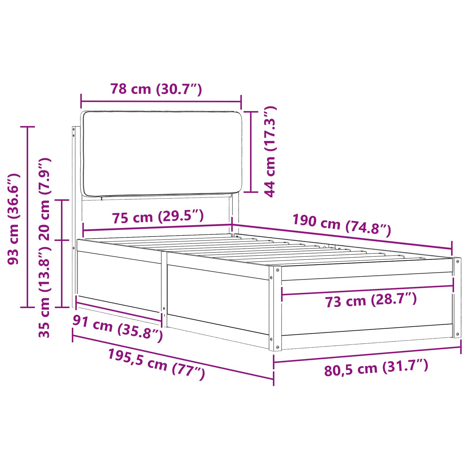 vidaXL Ramka łóżka z tapicerowanym wezgłowiem Ciemnoszary 75 x 190 cm