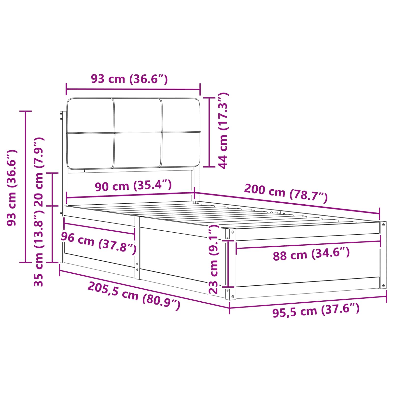 vidaXL Ramka łóżka z tapicerowanym wezgłowiem Jasnoszary 90 x 200 cm
