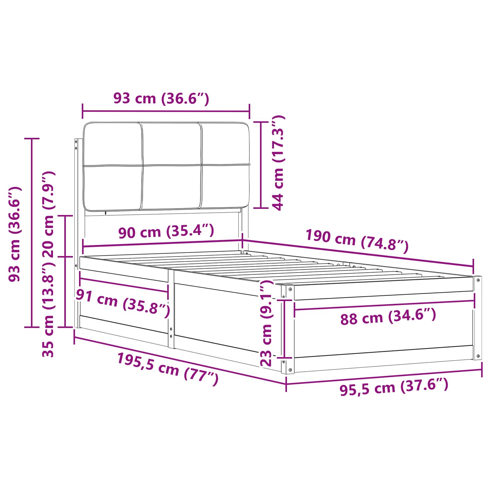 vidaXL Ramka łóżka z tapicerowanym wezgłowiem Czarny 90 x 190 cm