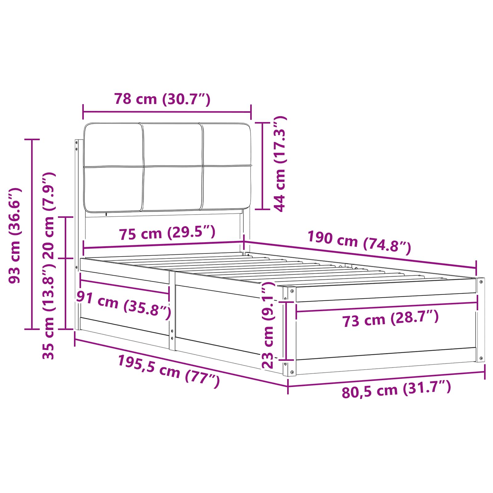 vidaXL Ramka łóżka z tapicerowanym wezgłowiem Jasnoszary 75 x 190 cm