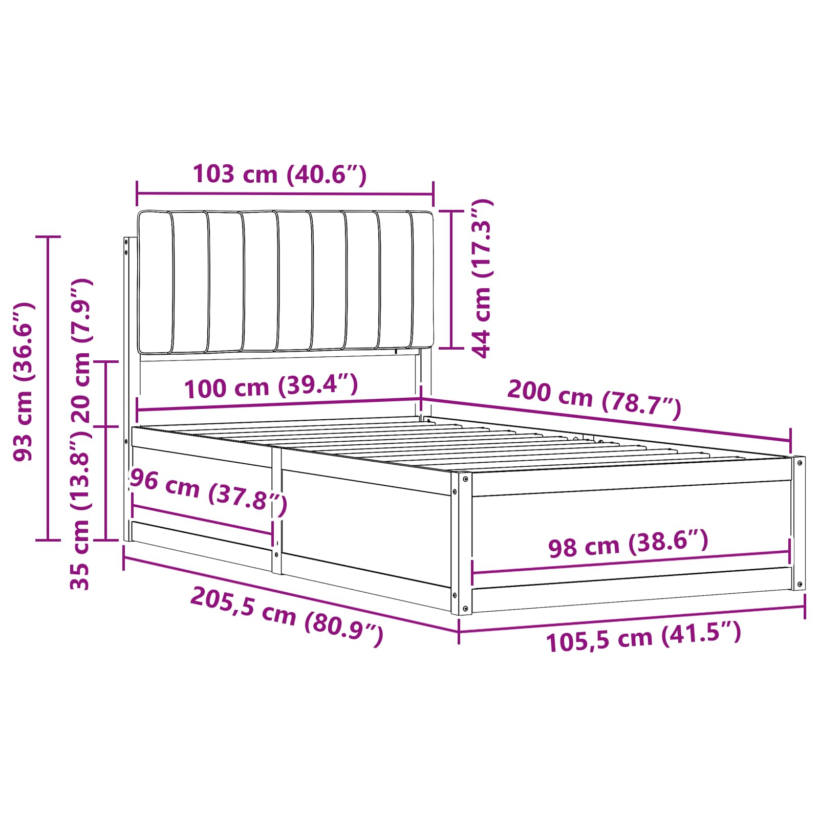 vidaXL Ramka łóżka z tapicerowanym wezgłowiem Ciemnoszary 100 x 200 cm