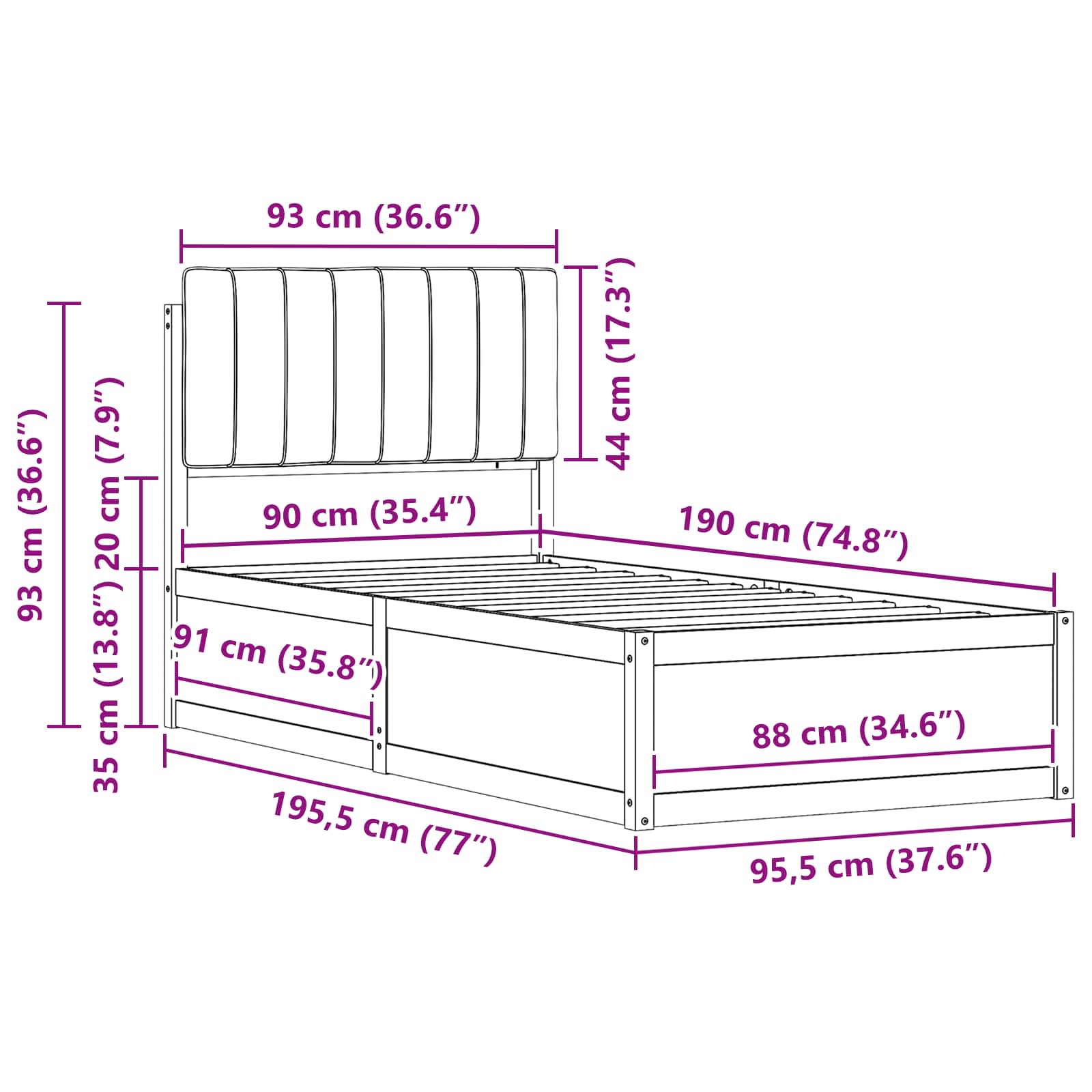 vidaXL Ramka łóżka z tapicerowanym wezgłowiem Ciemnoszary 90 x 190 cm
