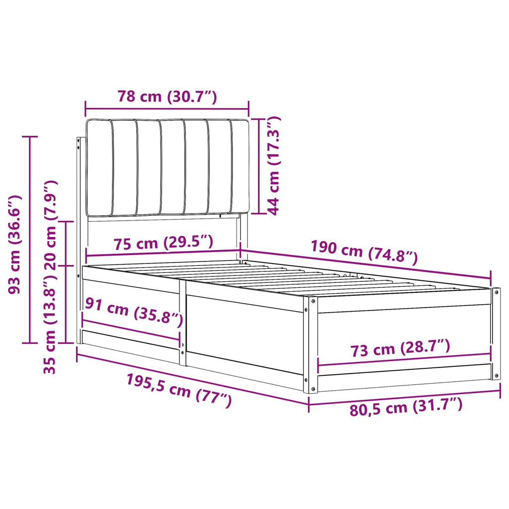 vidaXL Ramka łóżka z tapicerowanym wezgłowiem Jasnoszary 75 x 190 cm