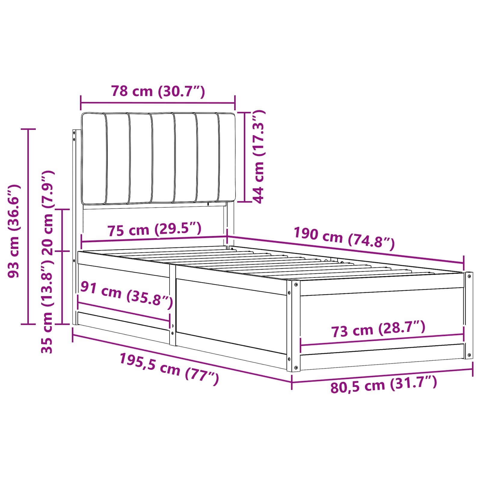 vidaXL Ramka łóżka z tapicerowanym wezgłowiem Jasnoszary 75 x 190 cm