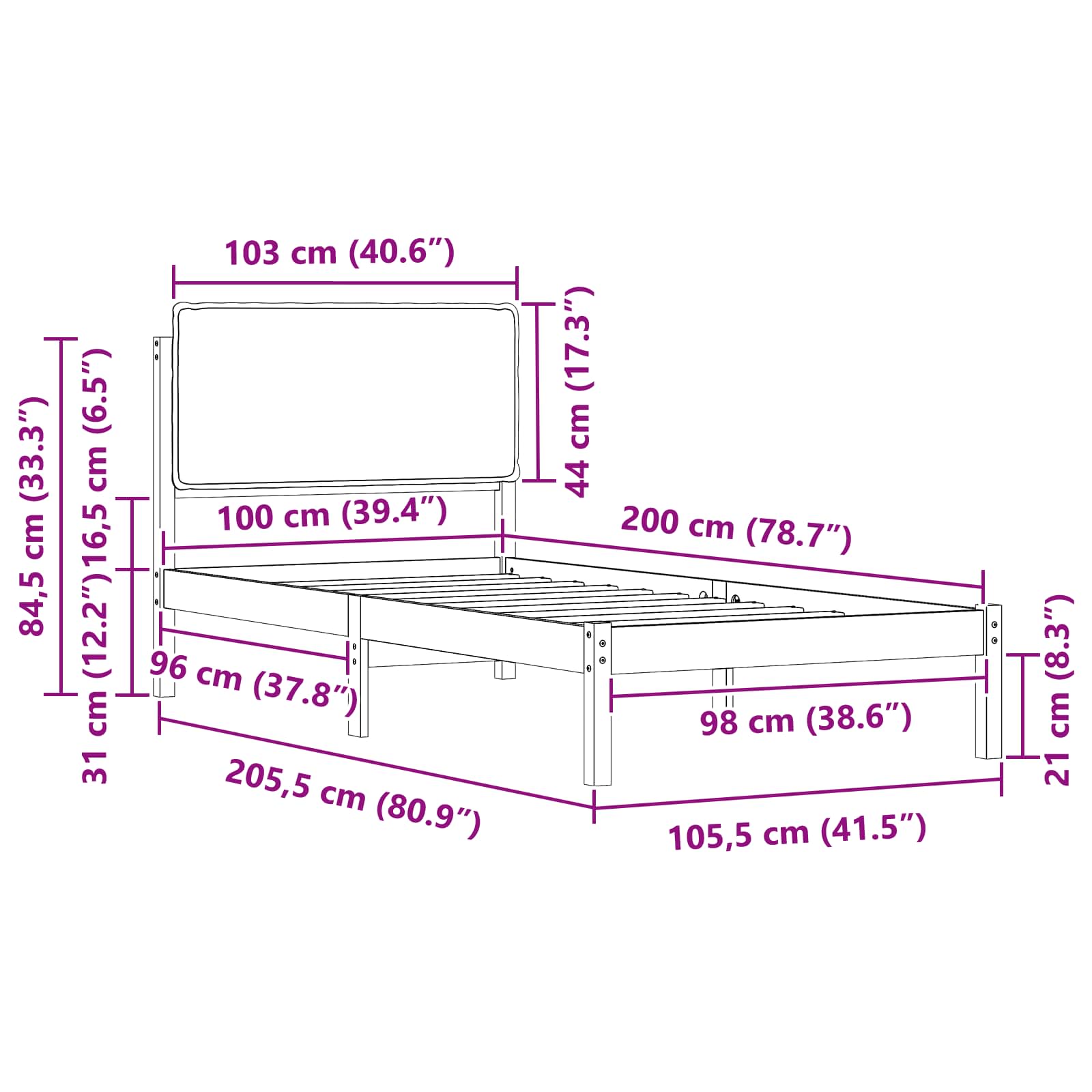 vidaXL Ramka łóżka z tapicerowanym wezgłowiem Czarny 100 x 200 cm