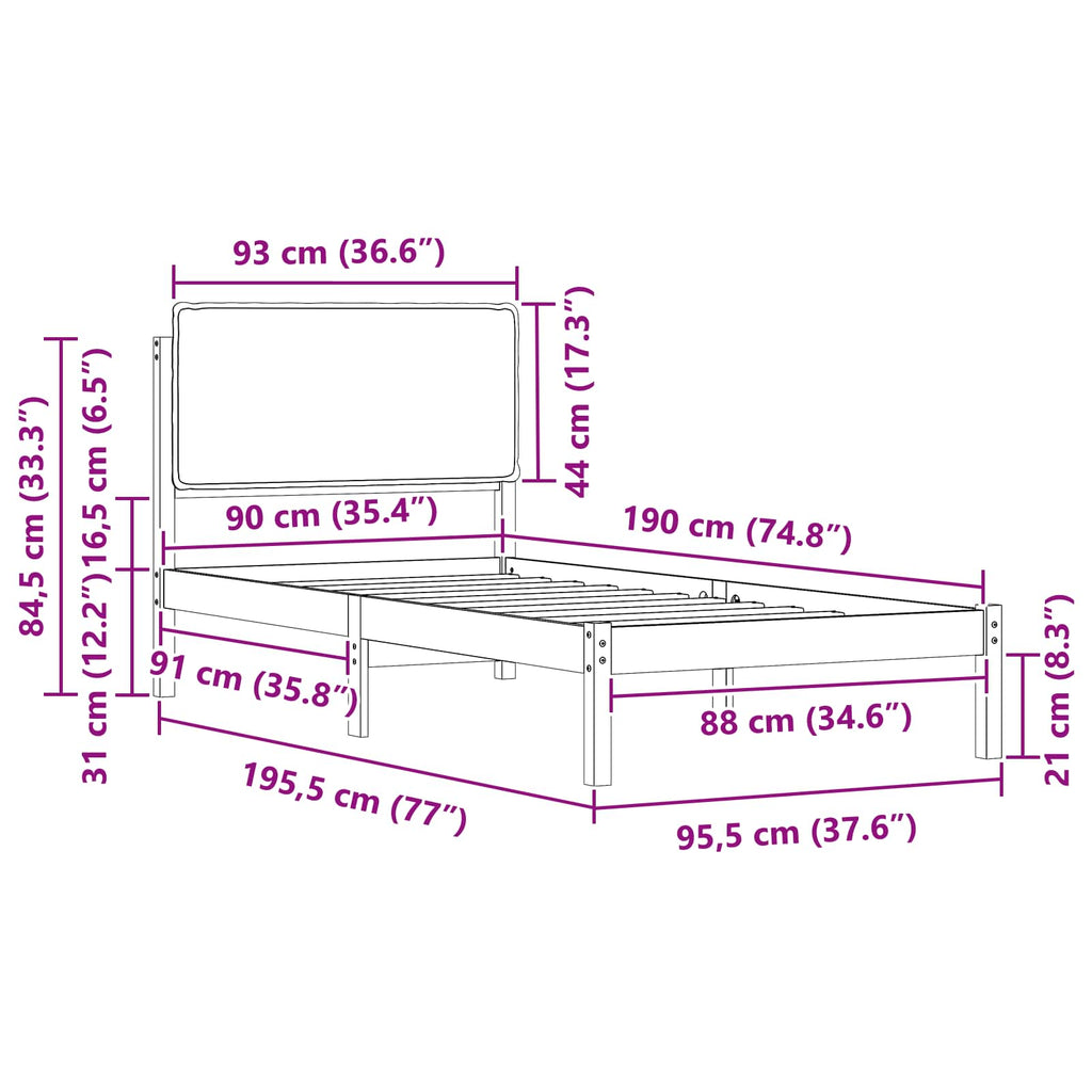 vidaXL Ramka łóżka z tapicerowanym wezgłowiem Jasnoszary 90 x 190 cm