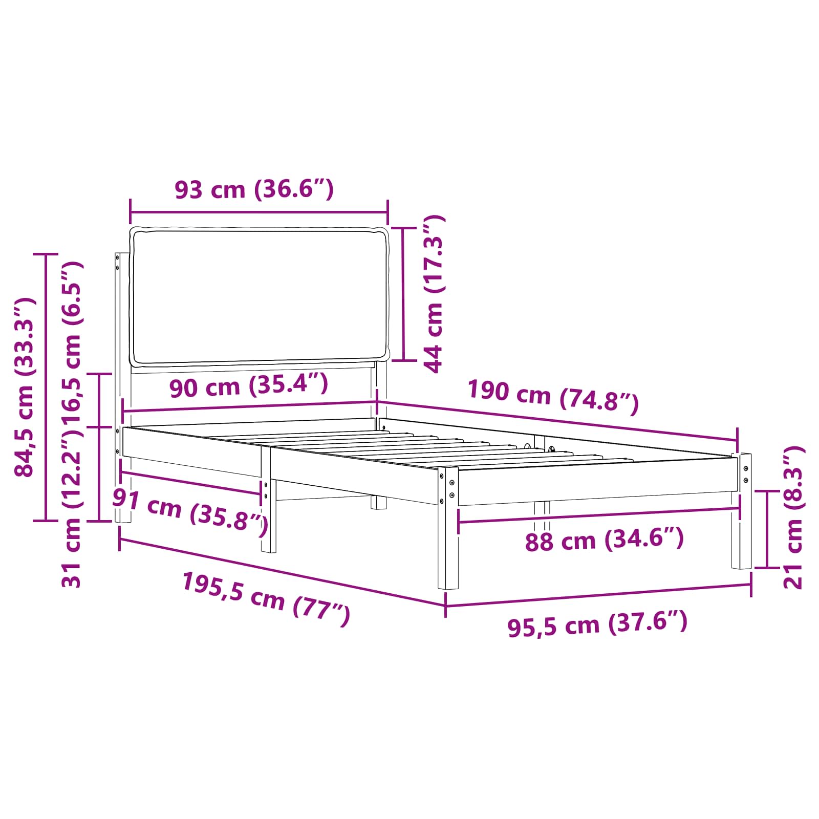 vidaXL Ramka łóżka z tapicerowanym wezgłowiem Jasnoszary 90 x 190 cm