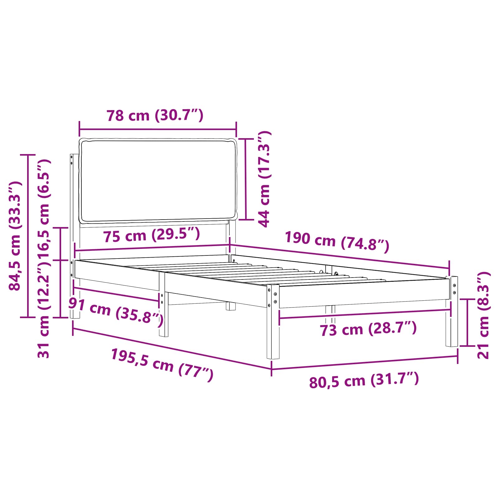 vidaXL Ramka łóżka z tapicerowanym wezgłowiem Jasnoszary 75 x 190 cm