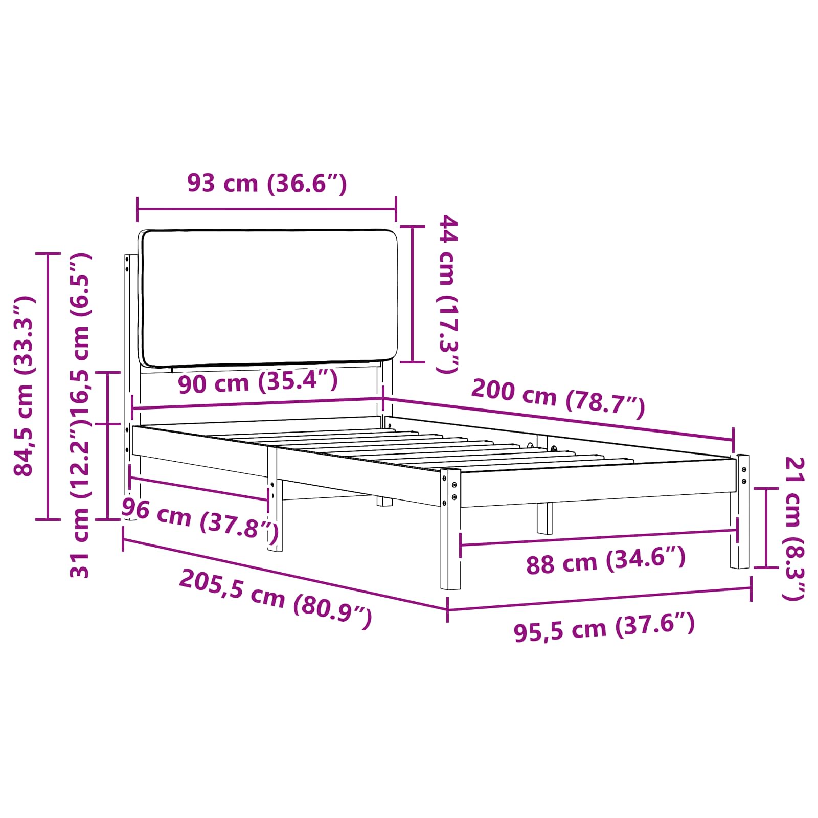 vidaXL Ramka łóżka z tapicerowanym wezgłowiem Czarny 90 x 200 cm