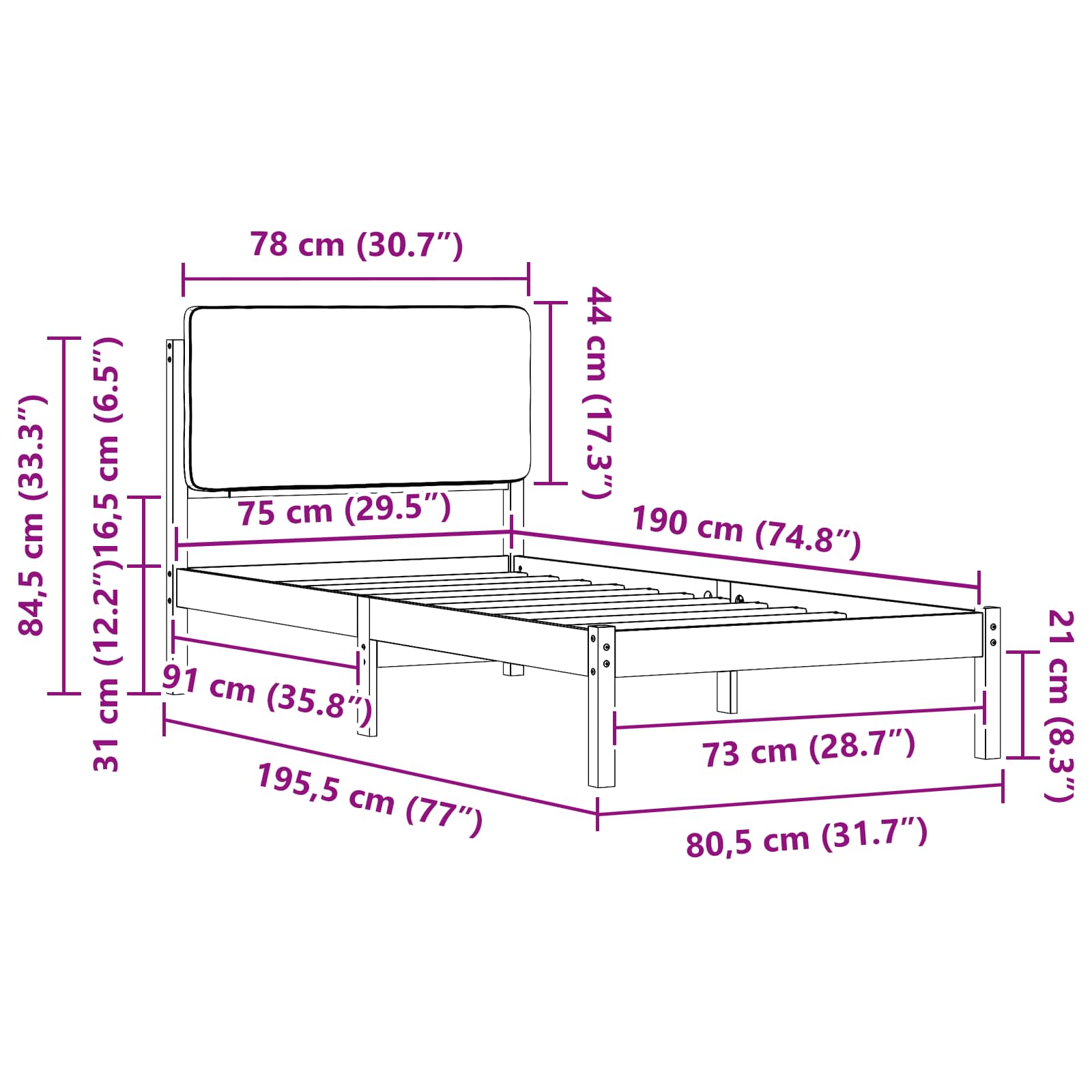 vidaXL Ramka łóżka z tapicerowanym wezgłowiem Czarny 75 x 190 cm