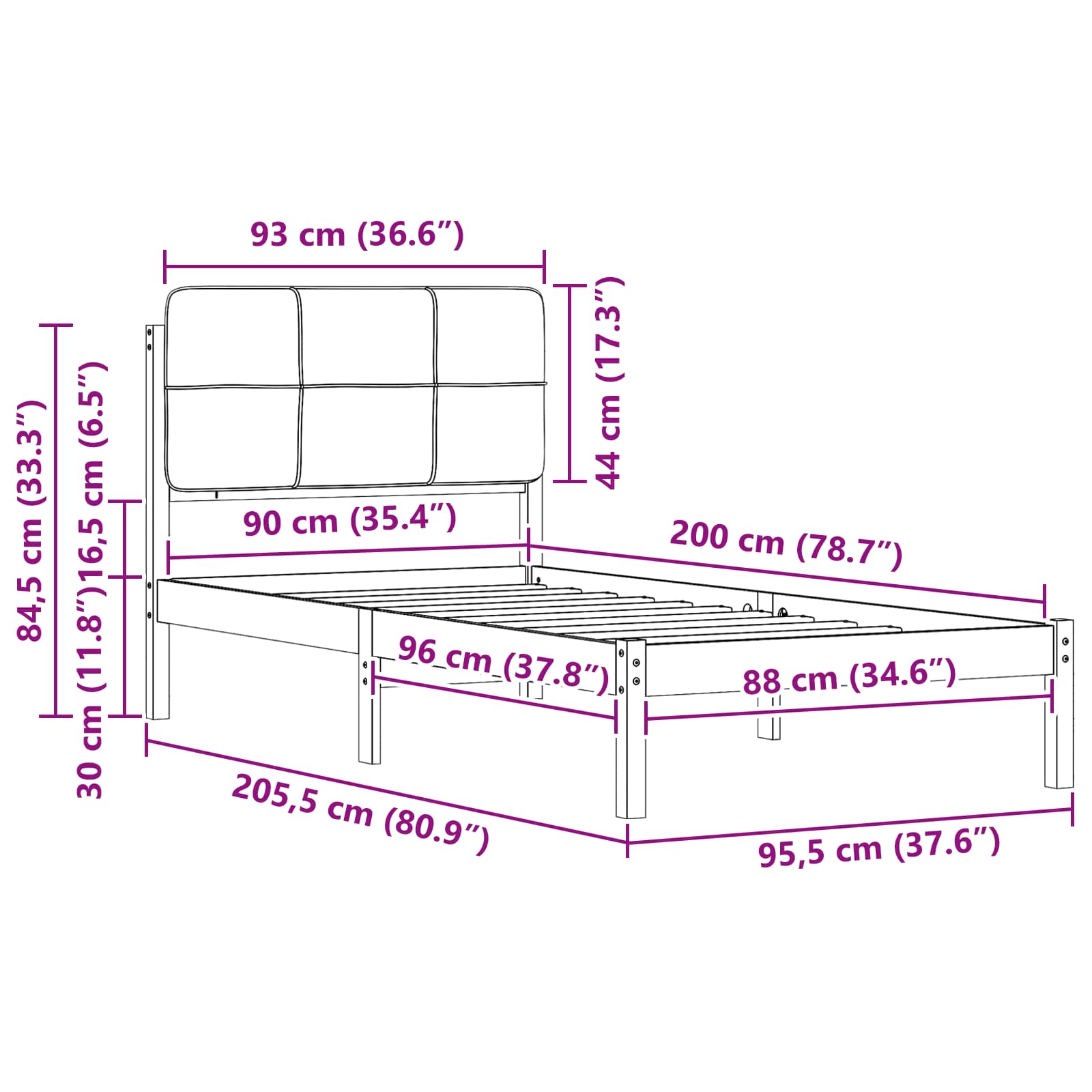 vidaXL Ramka łóżka z tapicerowanym wezgłowiem Ciemnoszary 90 x 200 cm