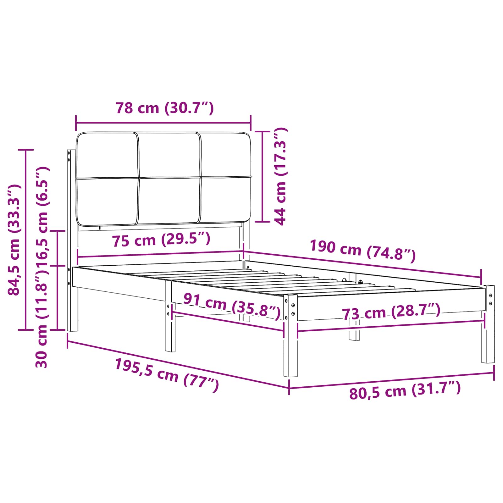 vidaXL Ramka łóżka z tapicerowanym wezgłowiem Ciemnoszary 75 x 190 cm
