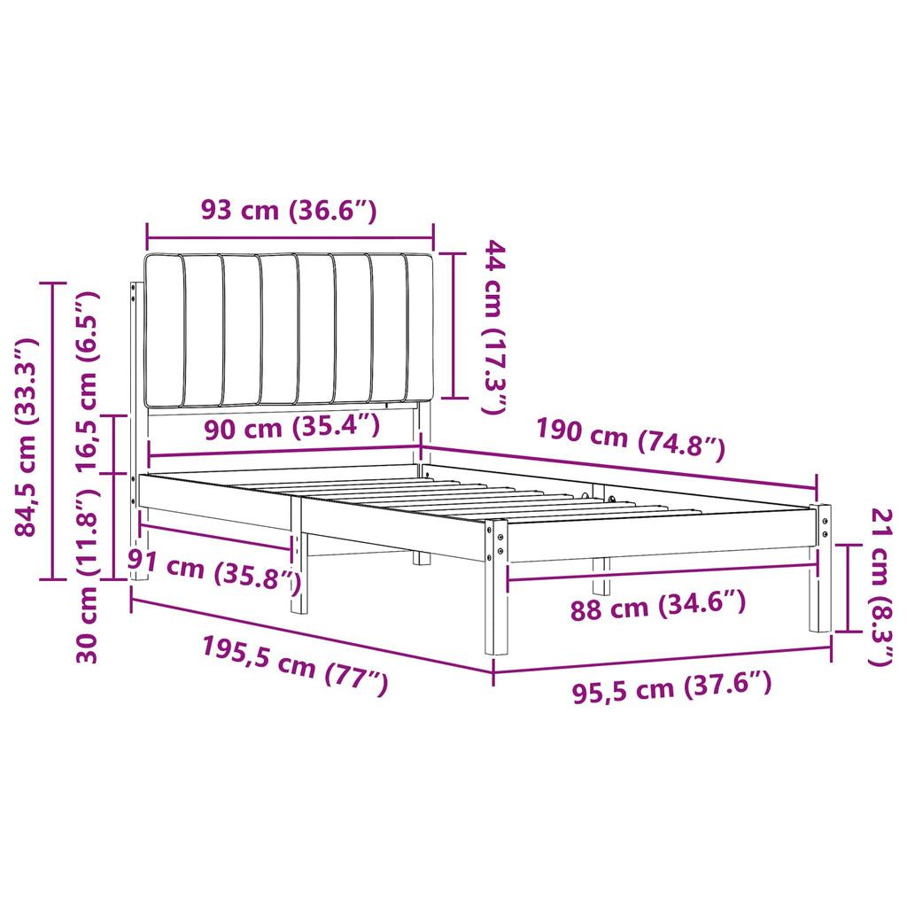 vidaXL Ramka łóżka z tapicerowanym wezgłowiem Jasnoszary 90 x 190 cm