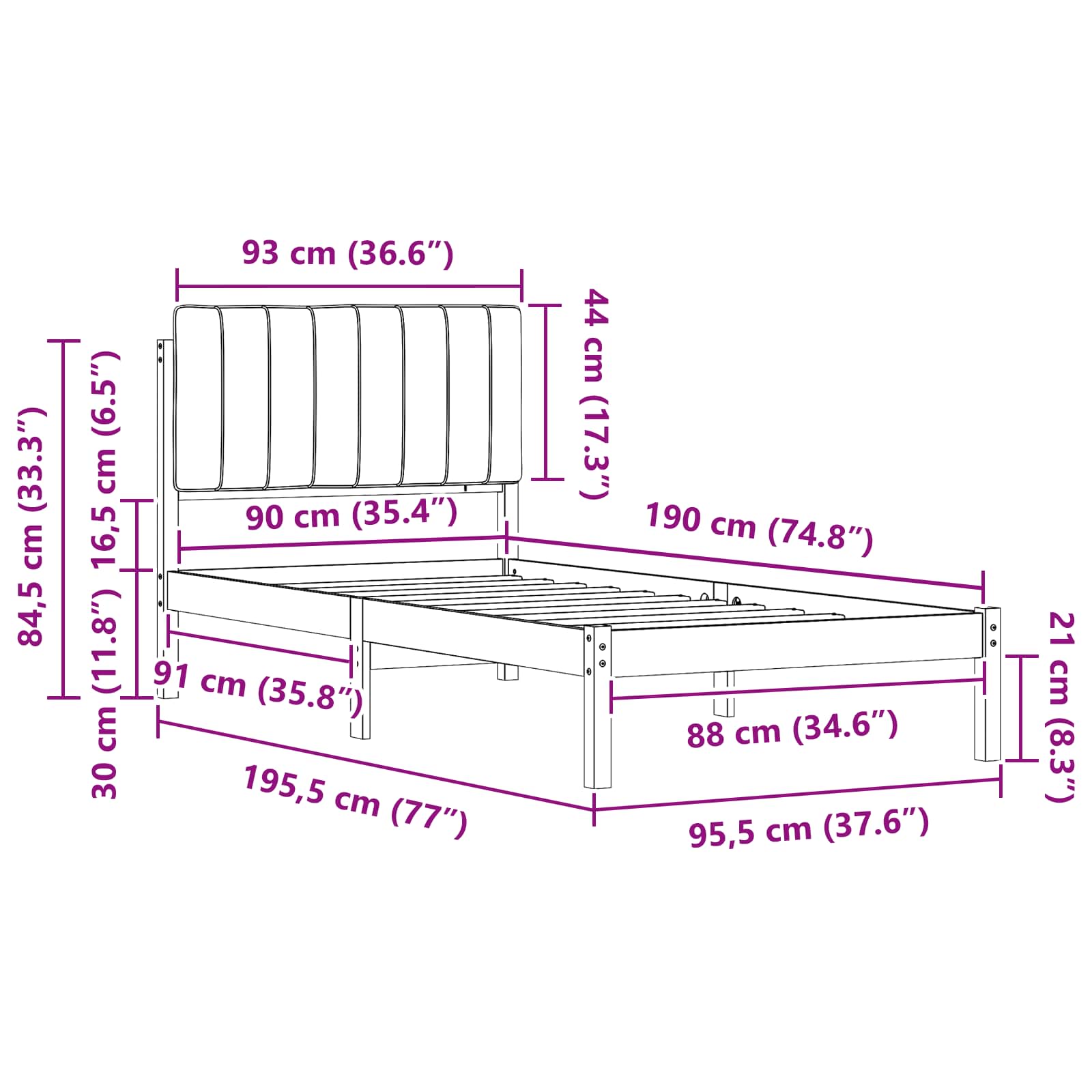 vidaXL Ramka łóżka z tapicerowanym wezgłowiem Jasnoszary 90 x 190 cm