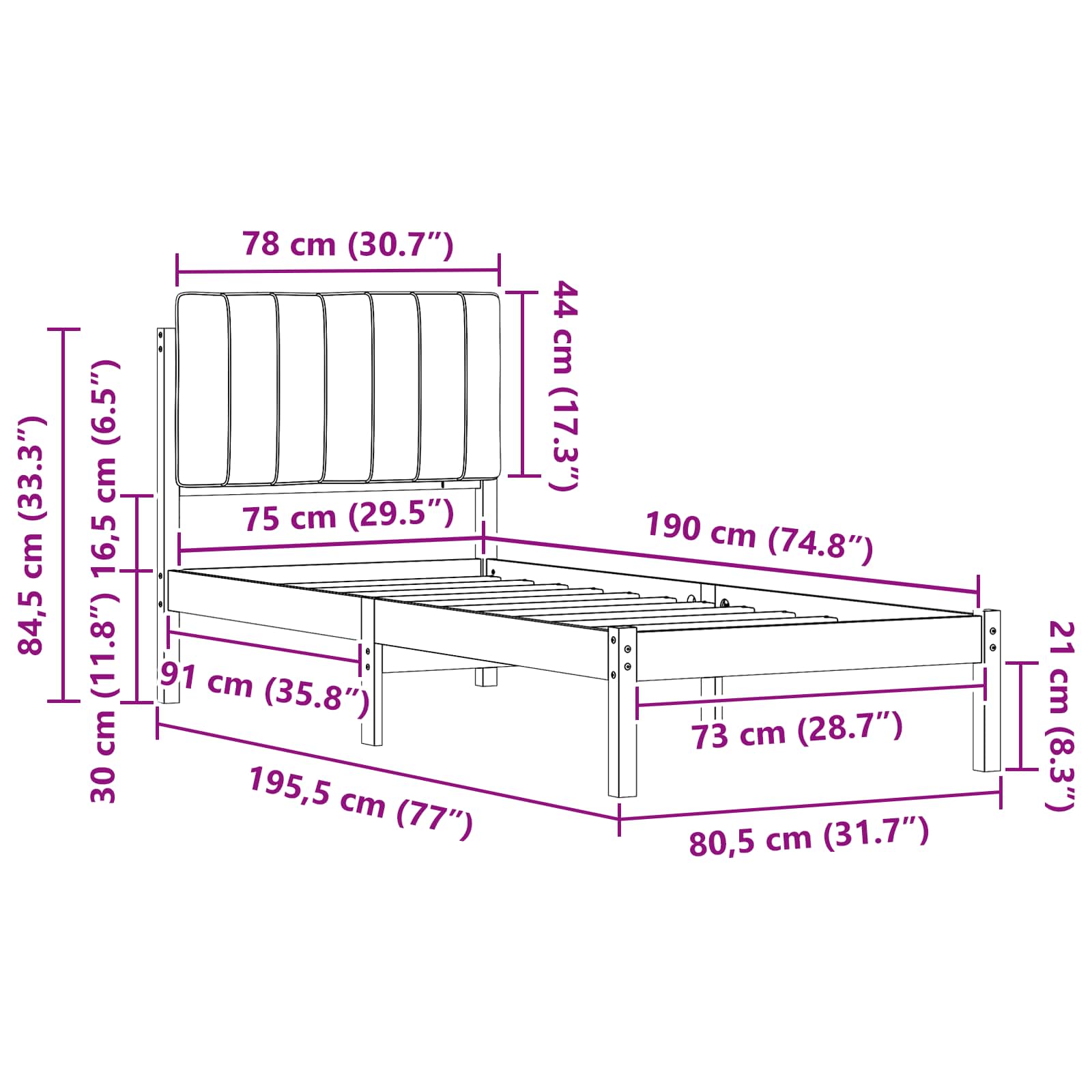 vidaXL Ramka łóżka z tapicerowanym wezgłowiem Czarny 75 x 190 cm