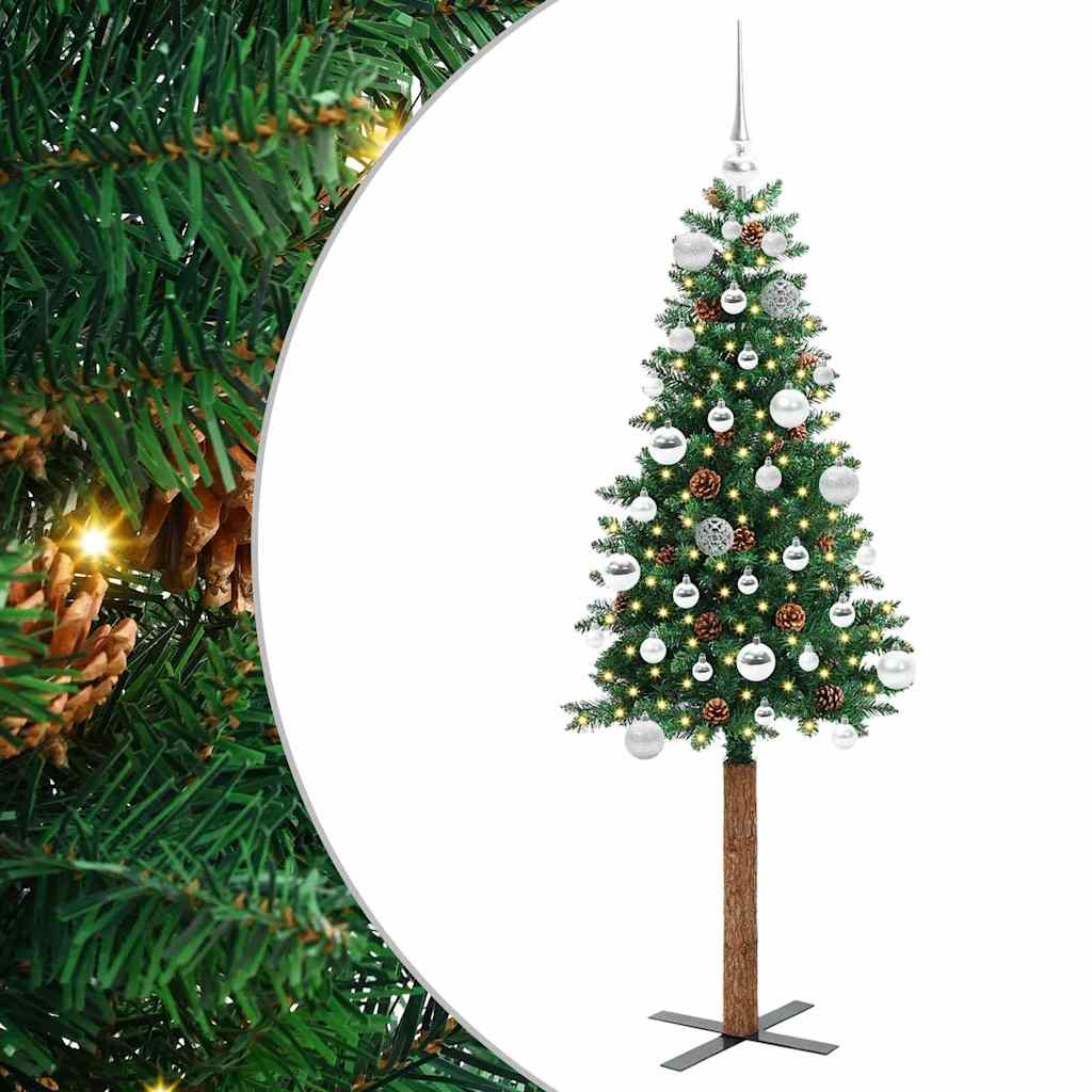 vidaXL Szczupła Choinka Zielony 150 cm PVC i lite drewno sosnowe