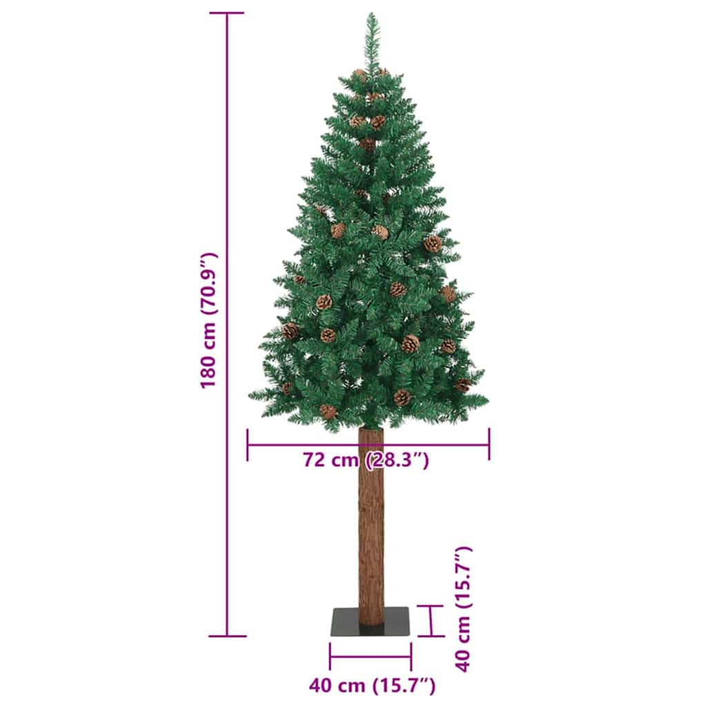 vidaXL Szczupła Choinka Zielony 180 cm PVC i lite drewno sosnowe