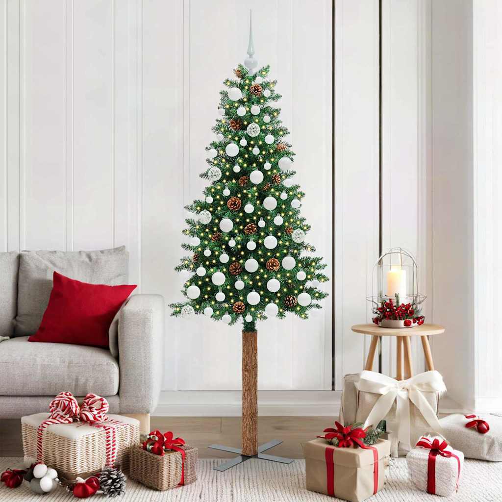 vidaXL Szczupła Choinka Zielony 180 cm PVC i lite drewno sosnowe