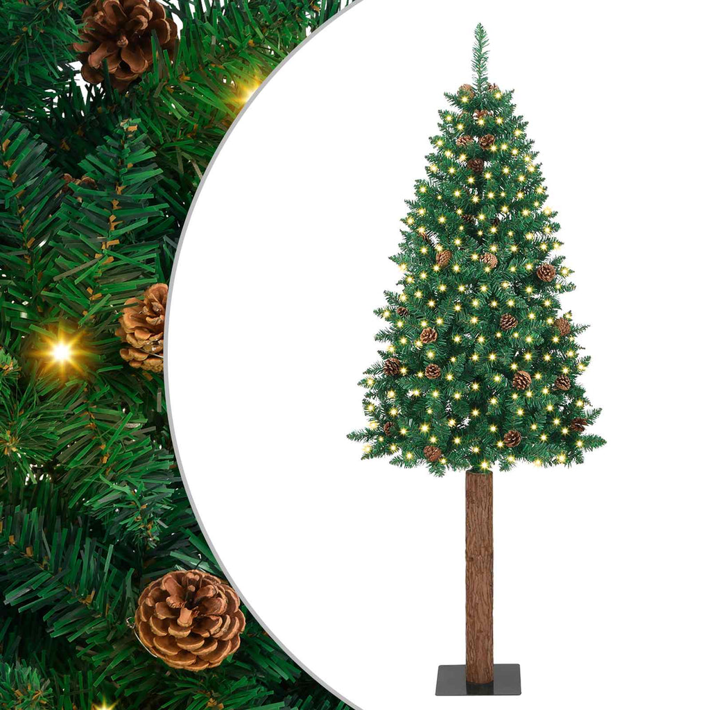 vidaXL Szczupła Choinka Zielony 210 cm PVC i lite drewno sosnowe